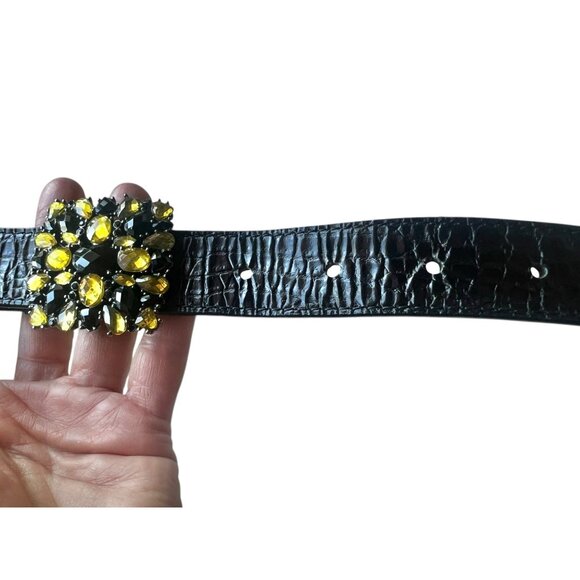 Talbots Black Embossed Leather Belt Faceted Gemstone Style Buckle 30” - 34” GUC - Picture 3 of 11
